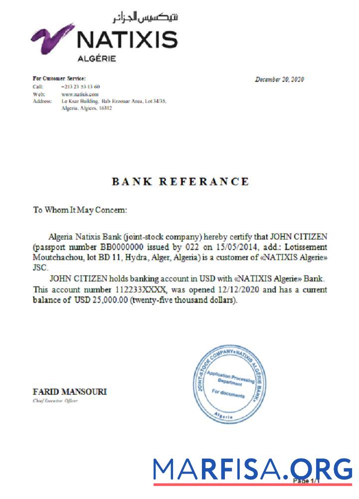 Printable Algeria Natixis Algerie bank reference real example